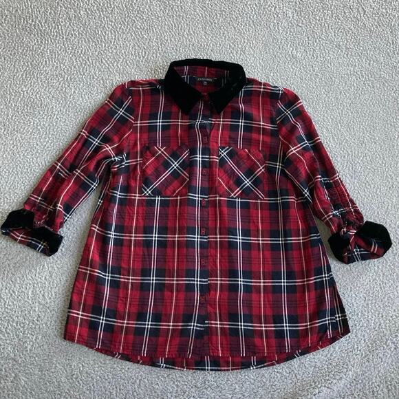 John Mark Button Top MP Velvet Collar Plaid Red Classic Holiday Medium Petite - Picture 1 of 15